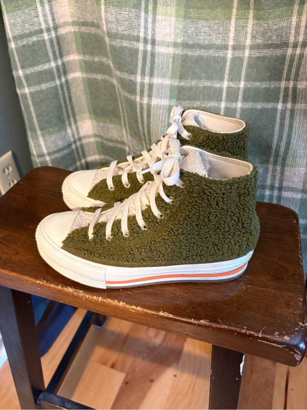 Converse Olive Green Sherpa High-Top Sneakers with Cream Accents
